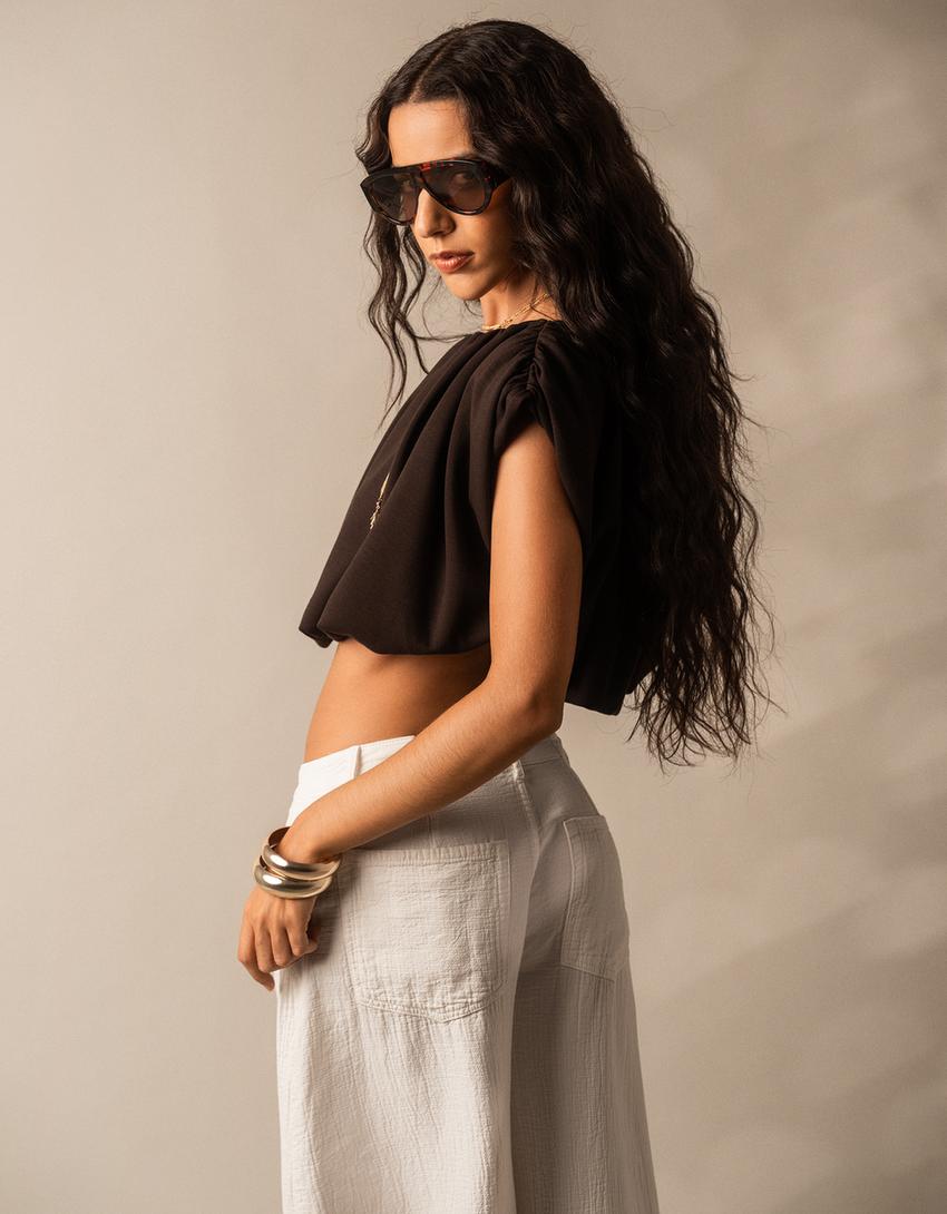 Low-rise wide balloon jeans-Cream