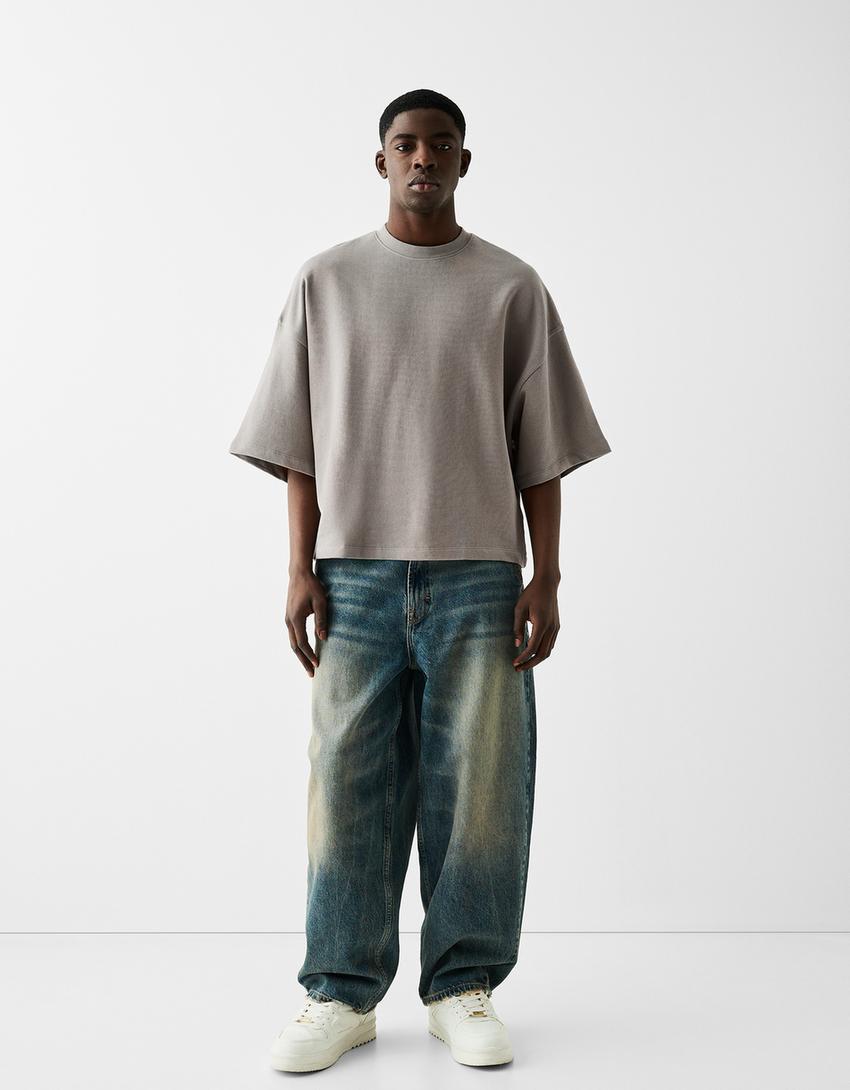 Short sleeve cropped plush T-shirt-Grey-3