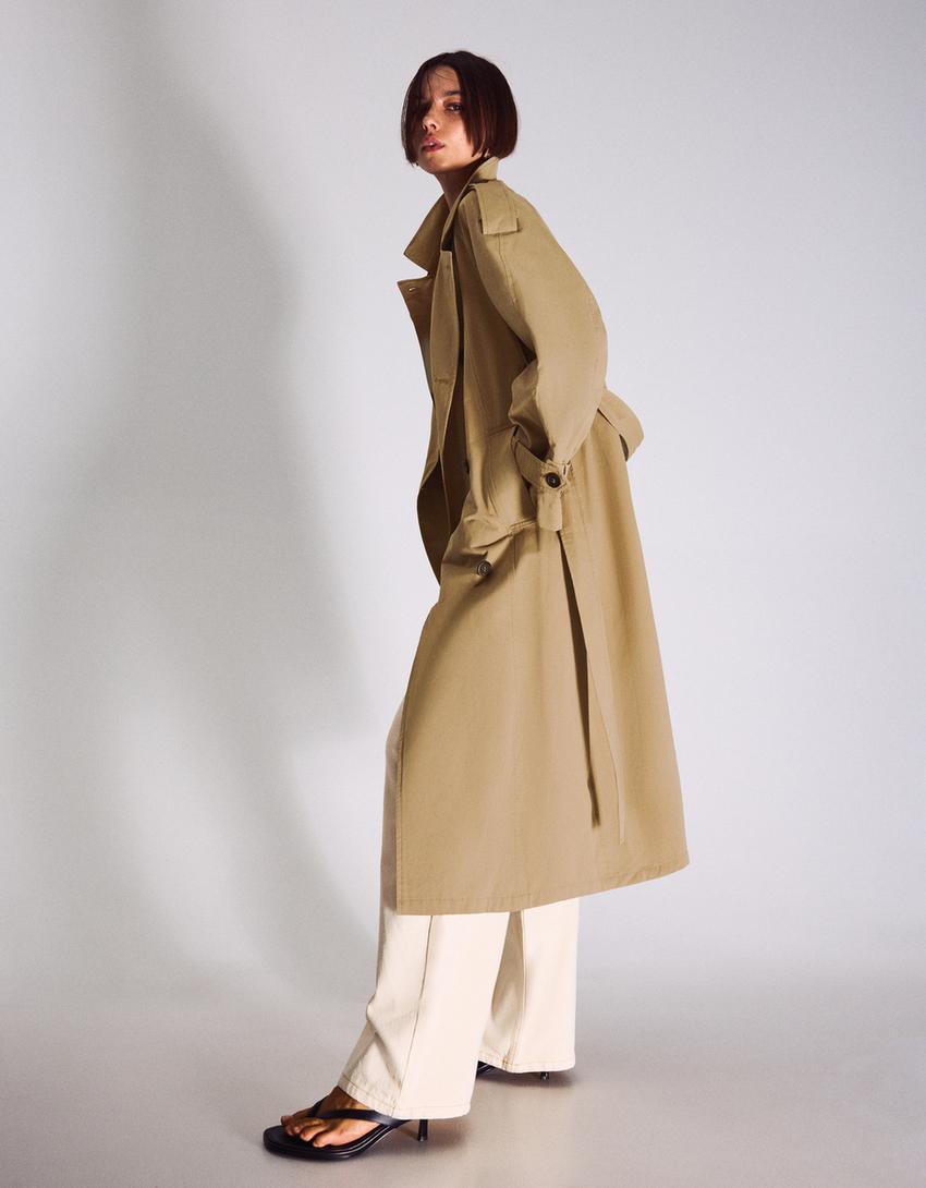 Long trench coat with belt-Sand