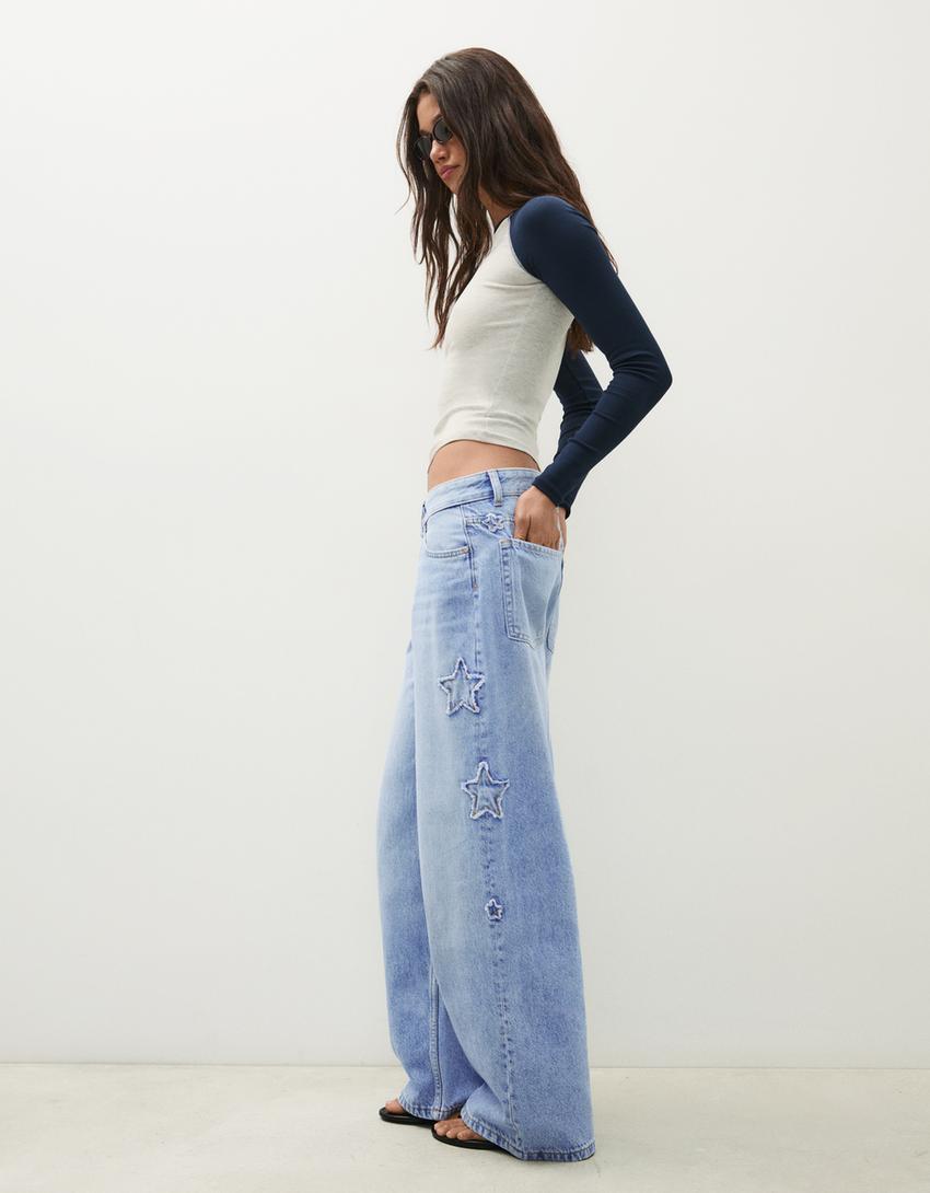 Boyfriend jeans with stars-Light blue
