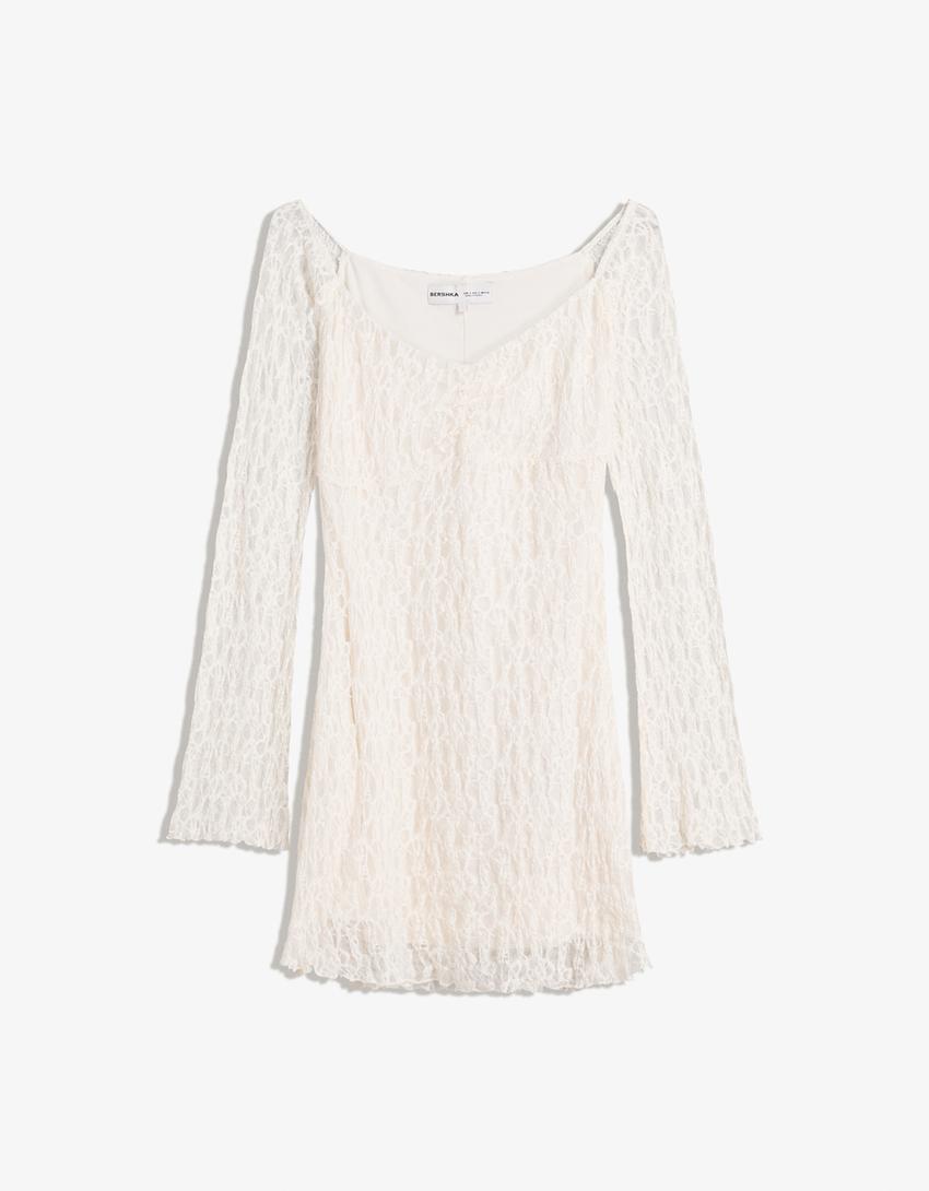 Bardot neckline blonde lace mini dress-Cream-3