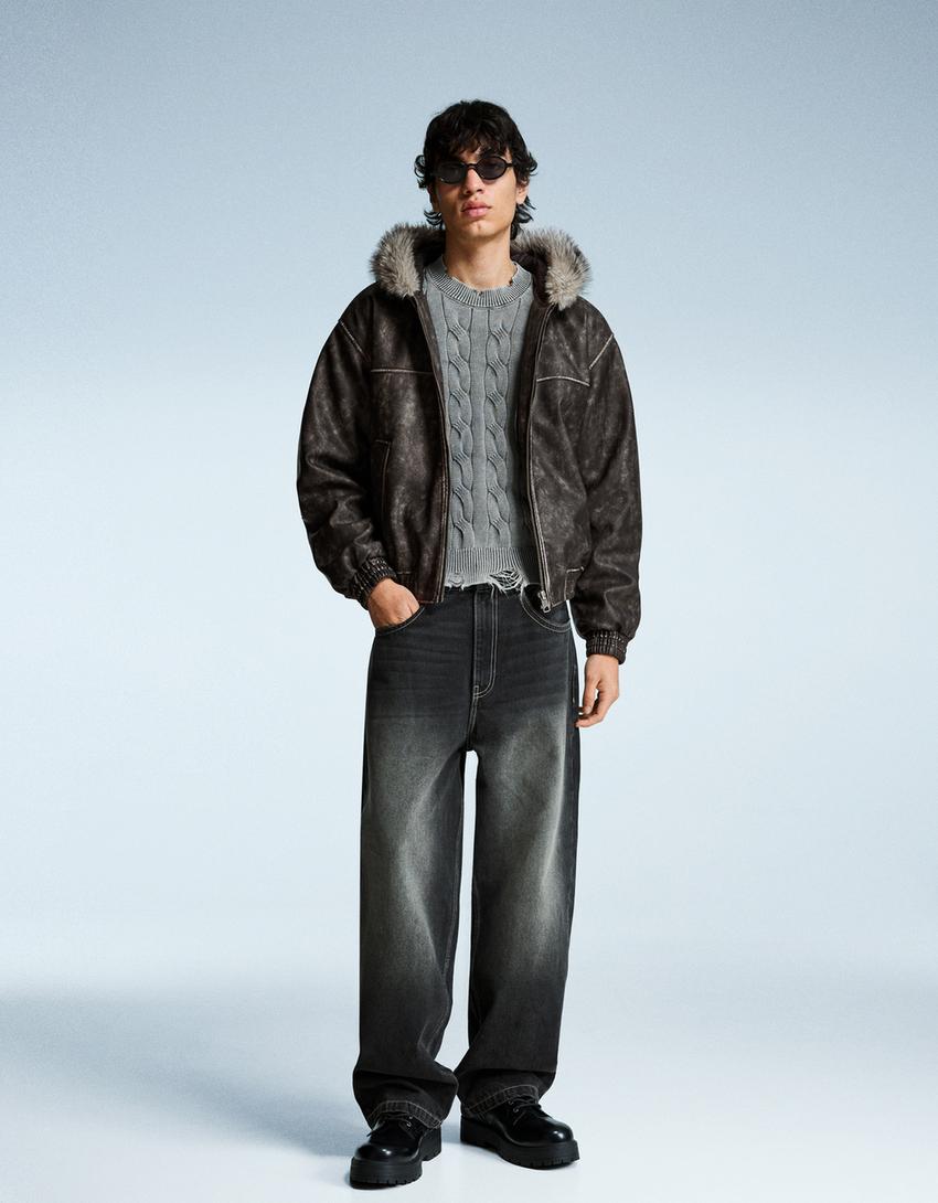 Blouson similicuir capuche-Noir