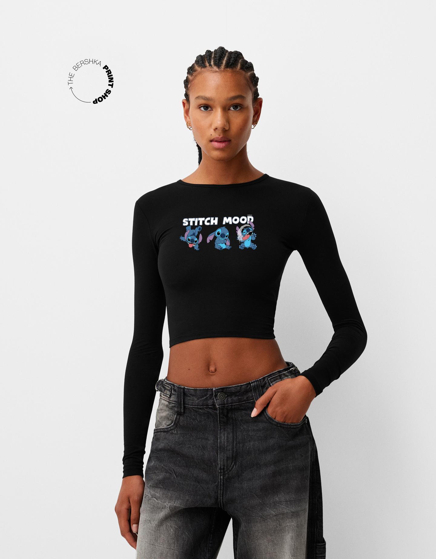 Bershka Langarmshirt Lilo & Stitch Damen L Schwarz günstig online kaufen