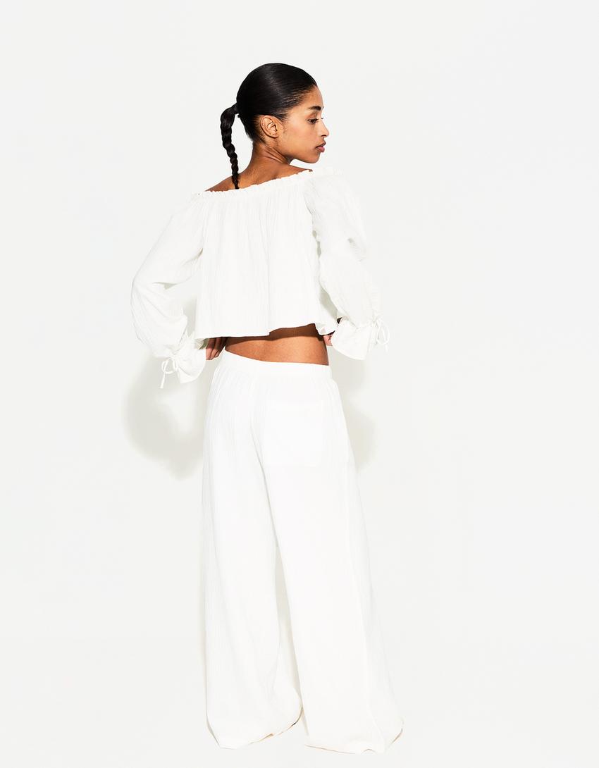 Pantalon wide leg rustique double cloth-Blanc