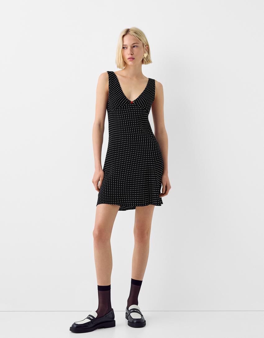 Minivestido bolinhas pormenor flor-Preto-3