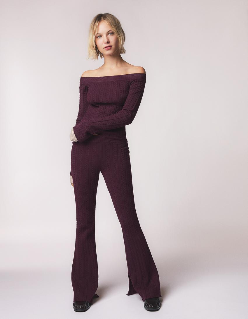 Örgü detaylı flare pantolon-Bordo