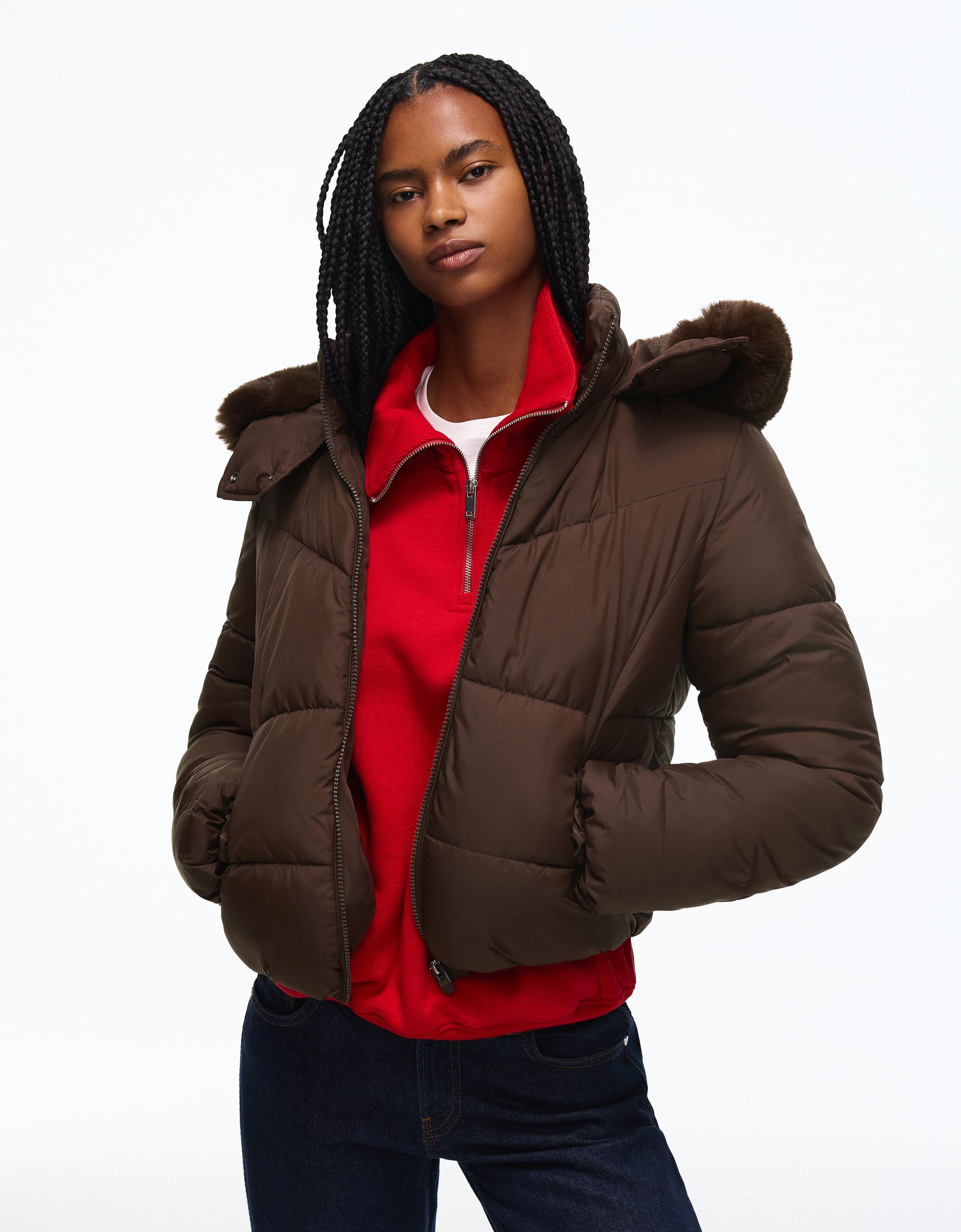 Padded jacket with fur hood — Brown