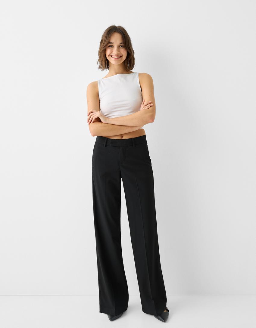 Low-waist straight-leg tailored fit trousers-Black
