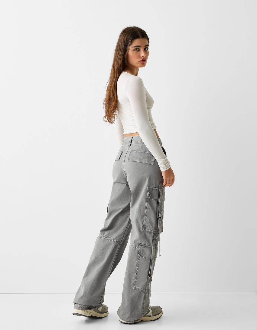 Cotton cargo trousers with straps-Grey
