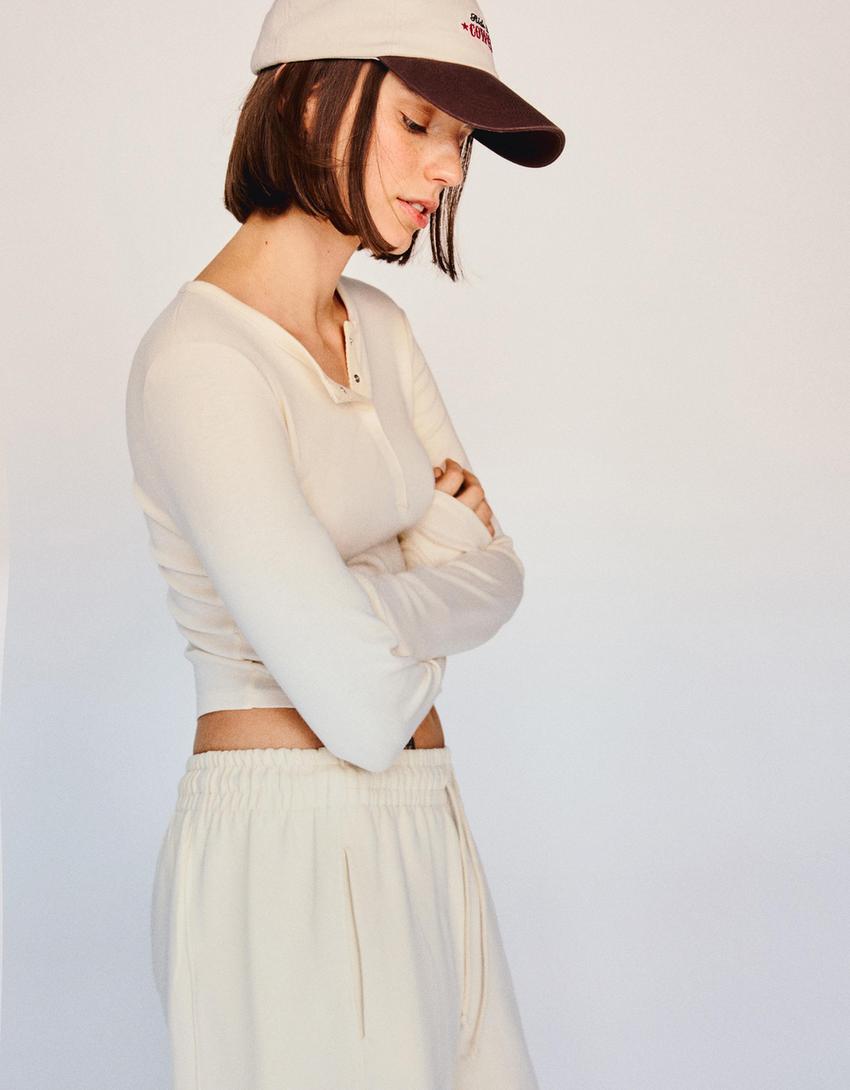 Long sleeved button neck top-Beige-2