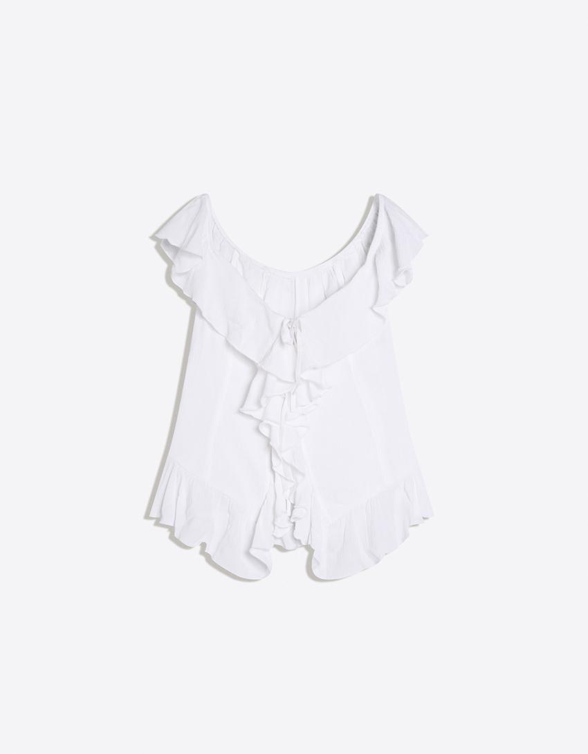 Bardot ruffled top-White