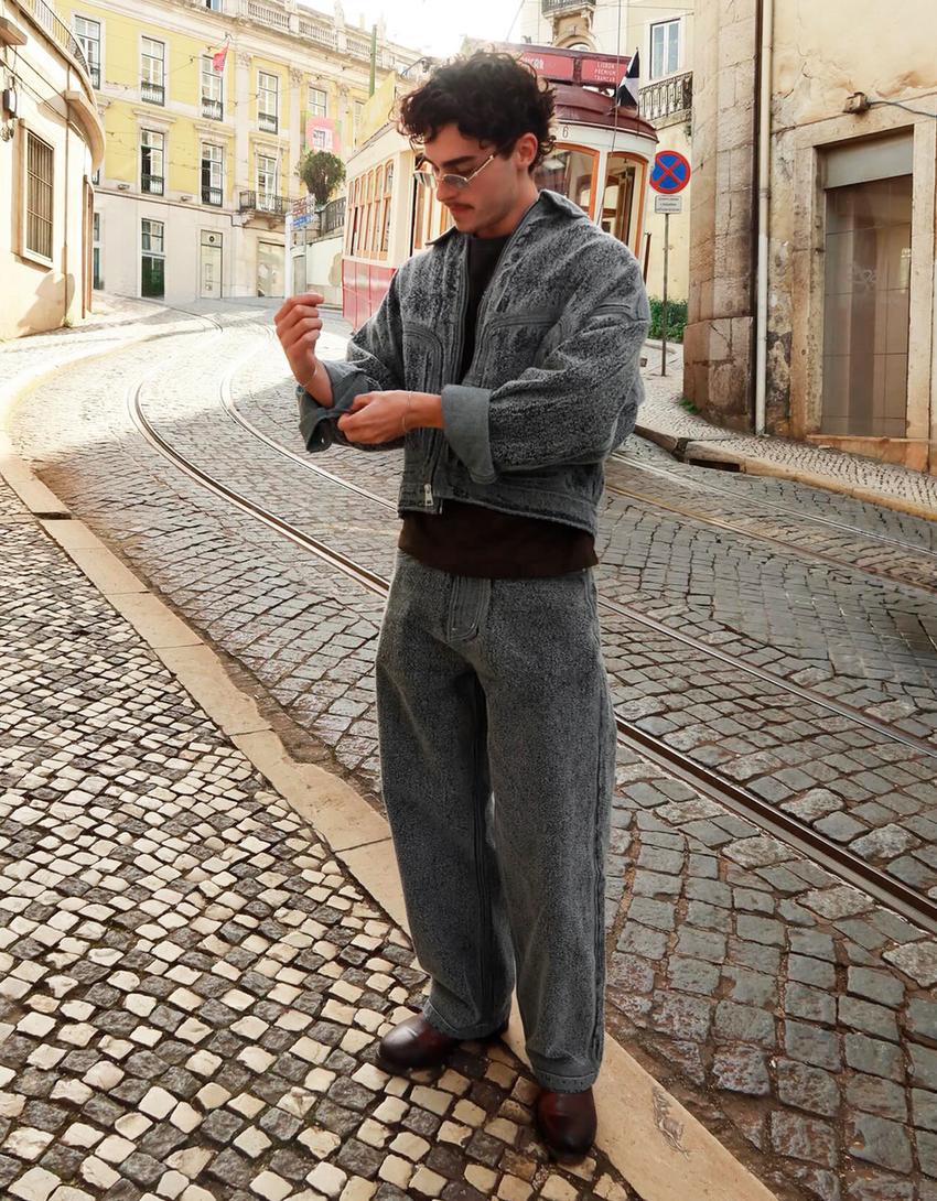 Textured denim jacket-Light blue