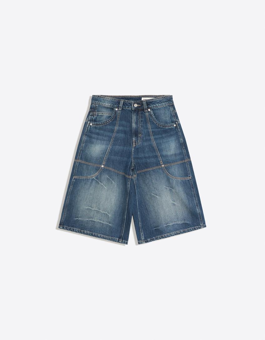 Long denim Bermuda shorts with pocket detail-Dark blue