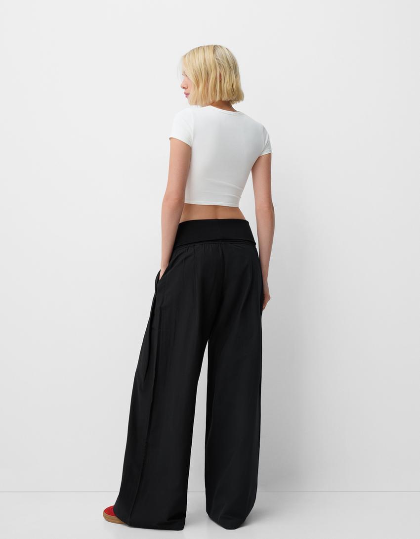 Wide-leg trousers with fold-over waist-Black-2