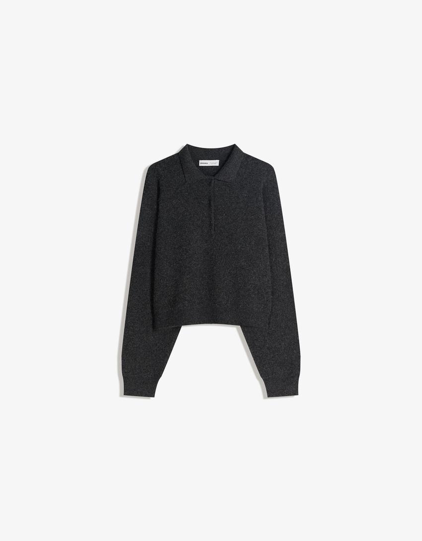 Boxy polo collar jumper-Grey