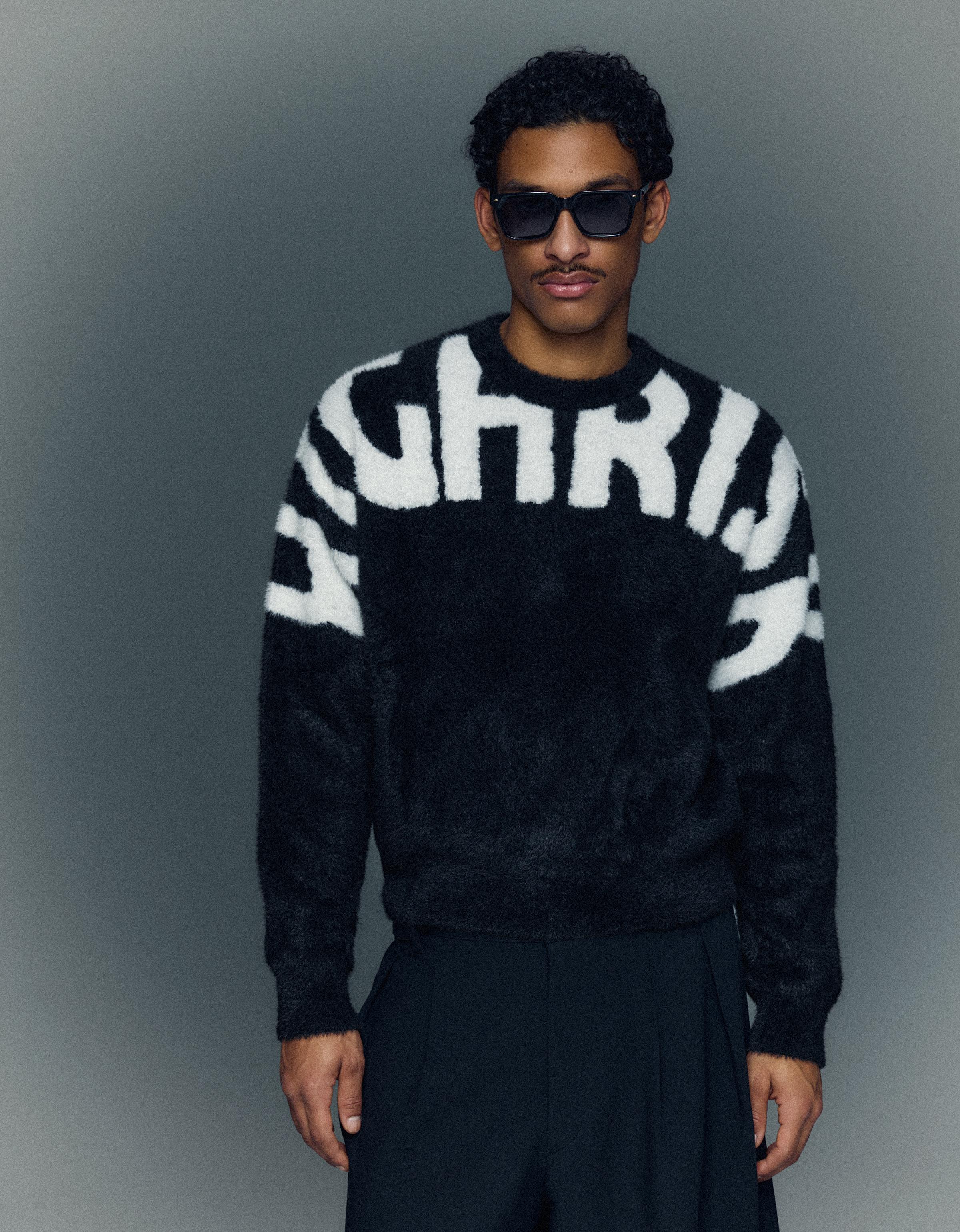 Bershka Pullover Mit Kunstfellprint Herren M Schwarz