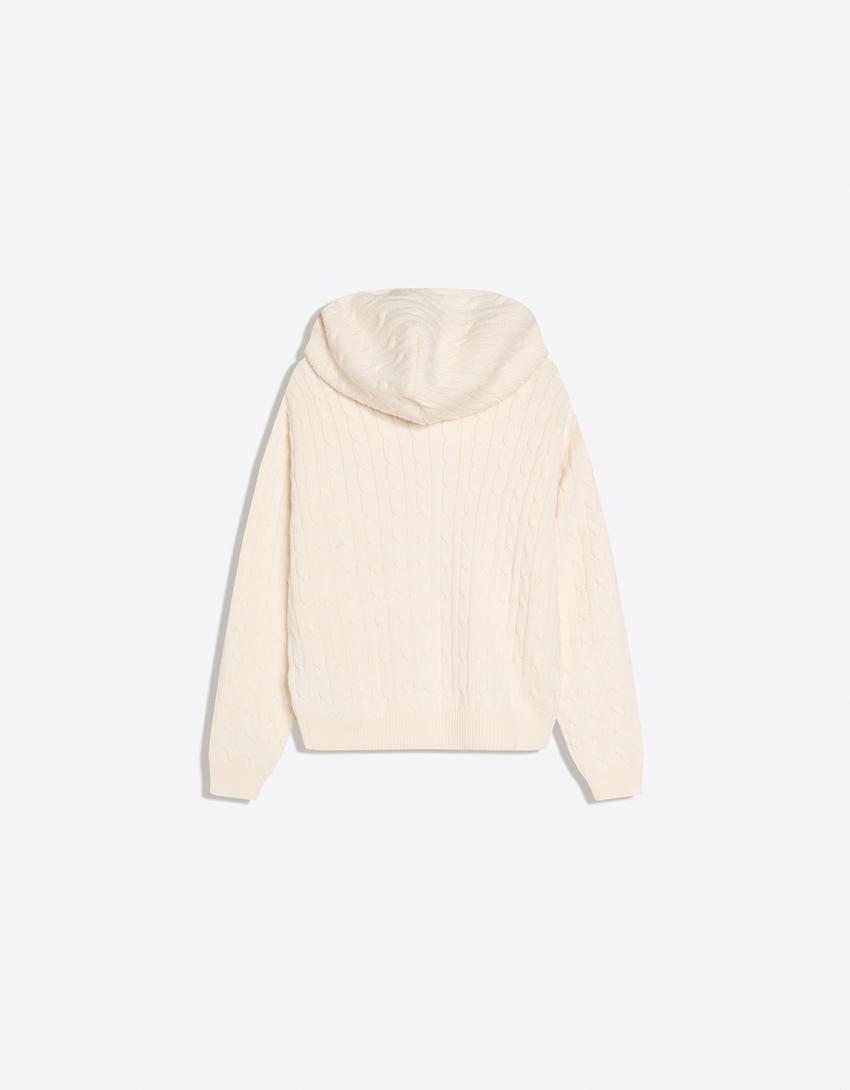 Cable knit zip-up cardigan-Cream