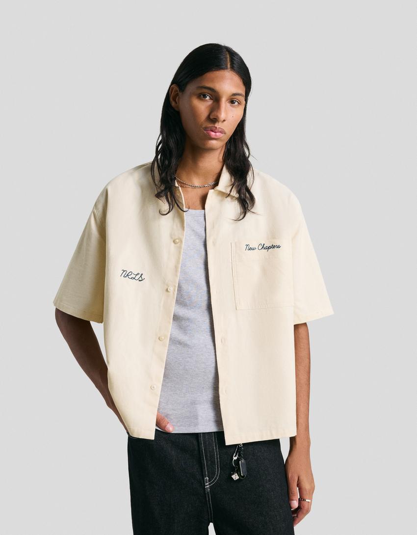 Short-sleeve embroidered corduroy shirt-Cream
