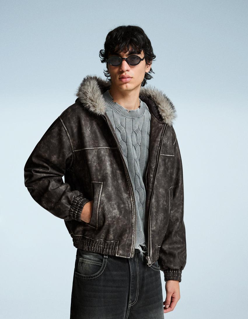 Blouson similicuir capuche-Noir