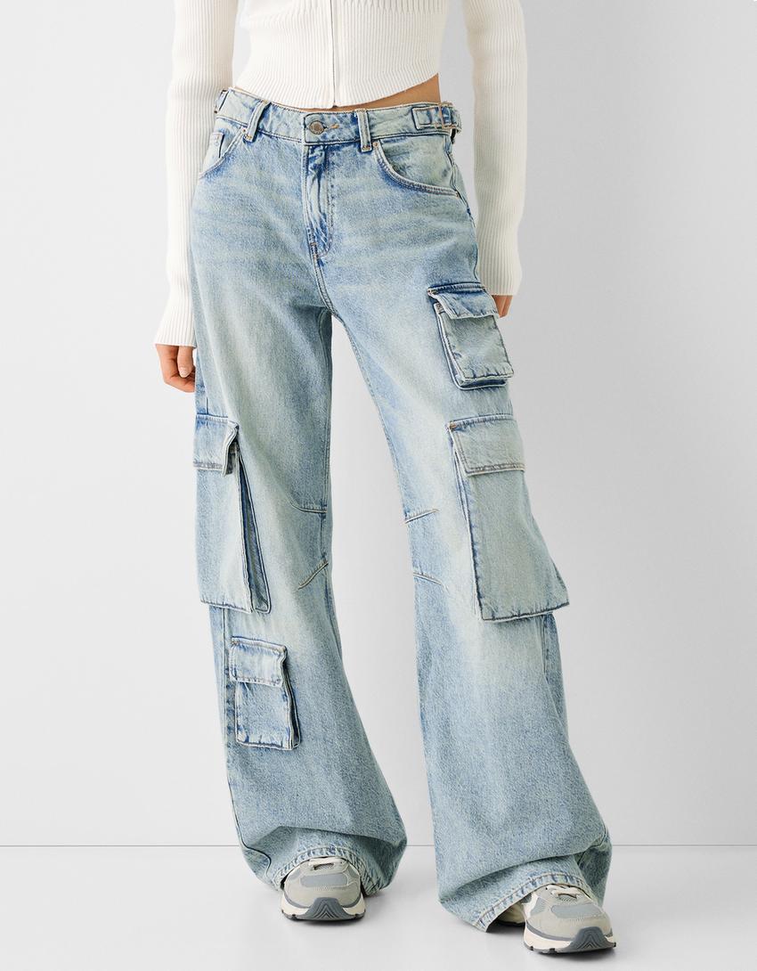 Multi-pocket cargo jeans-Light blue-1