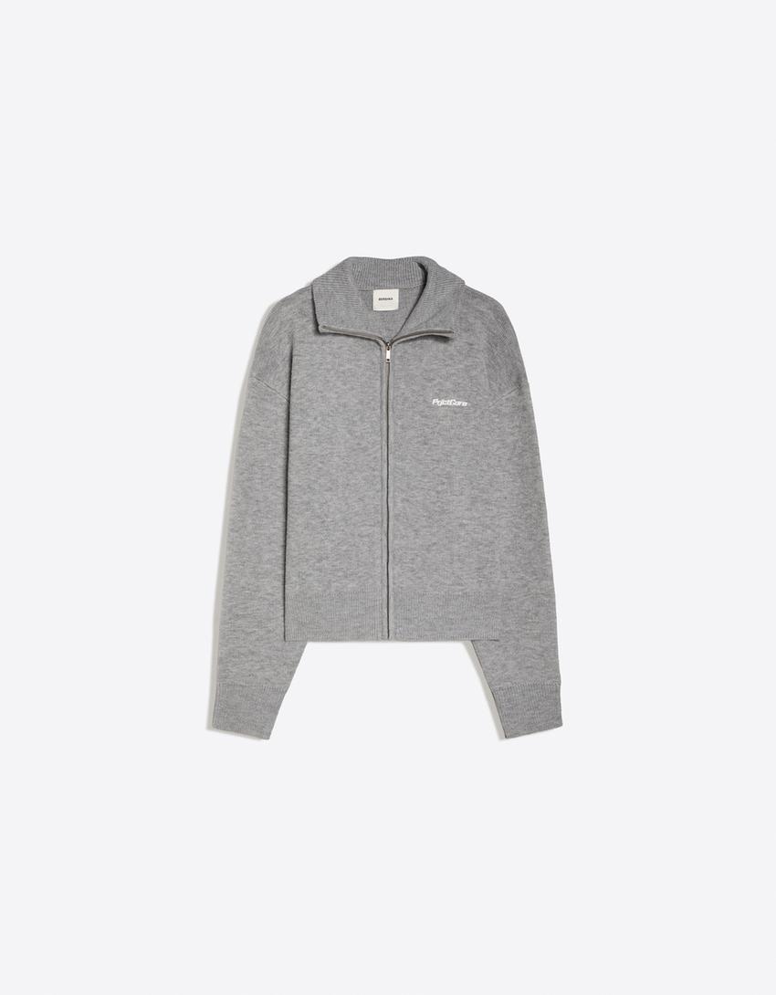 Boxy zip-up knit jacket-Grey