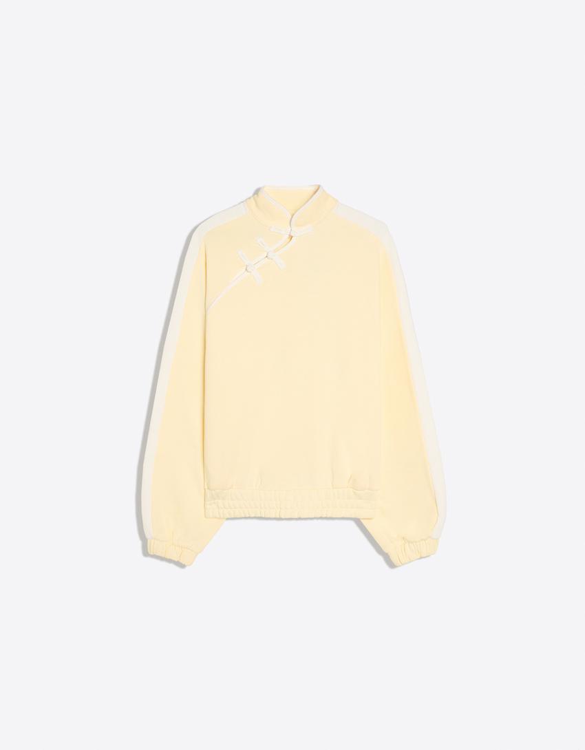 Long sleeve stand-up collar sweatshirt with clasp fasteners-Yellow
