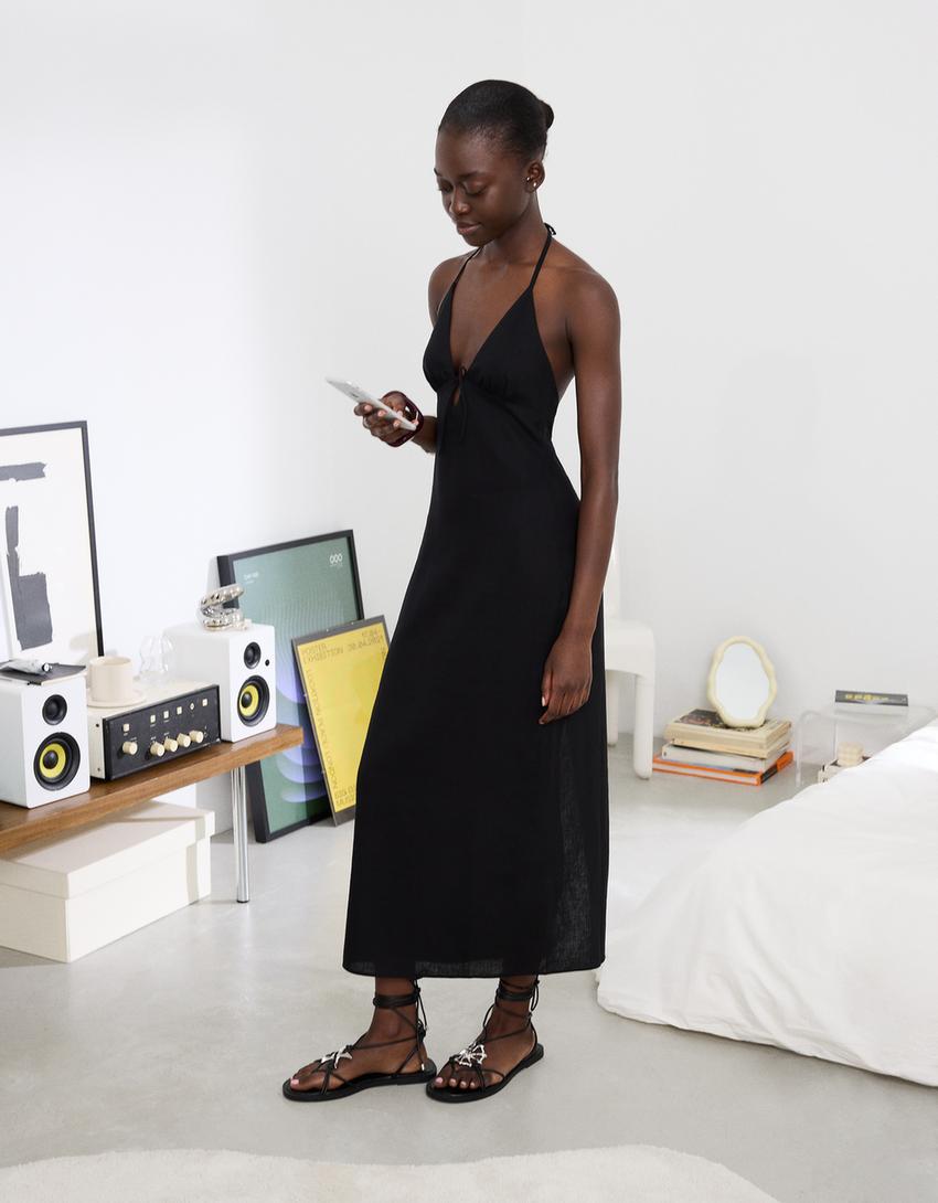 Robe midi avec lin, encolure américaine et nœud-Noir-2