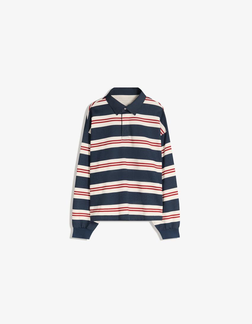 Striped plush polo shirt-Blue