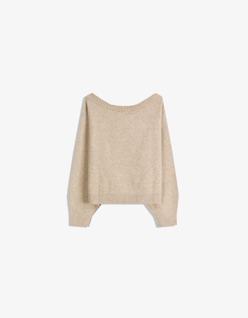 Camisola com nervuras e decote bardot-Areia