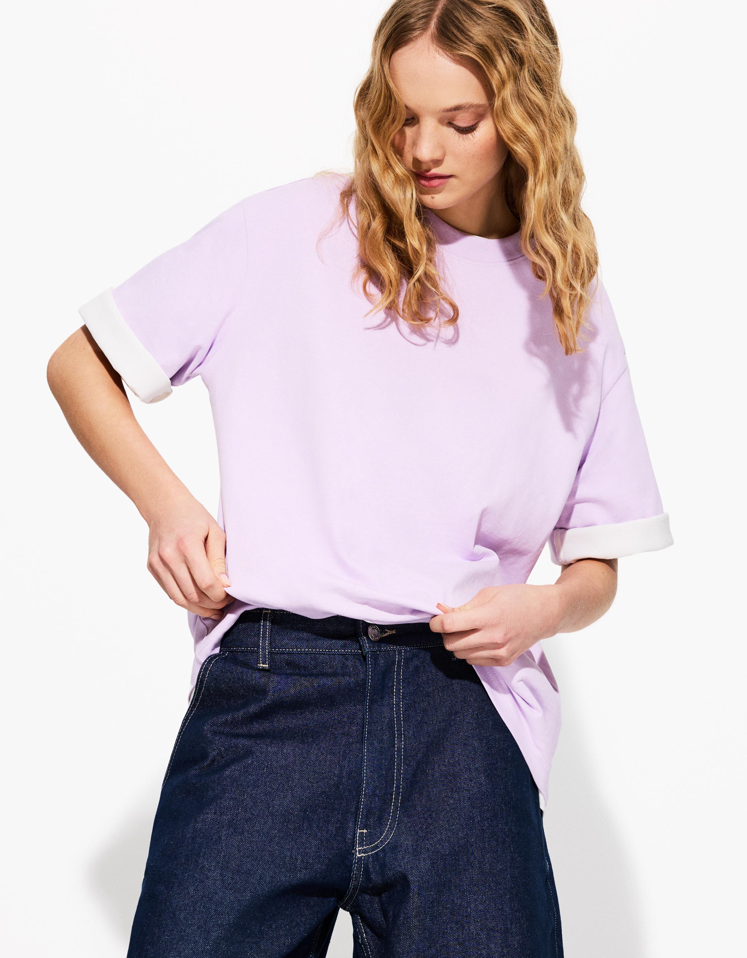 Bershka Oversize-T-Shirt Aus Schwerem Baumwollcotton Mit Kurzen Ärmeln Damen L Violett