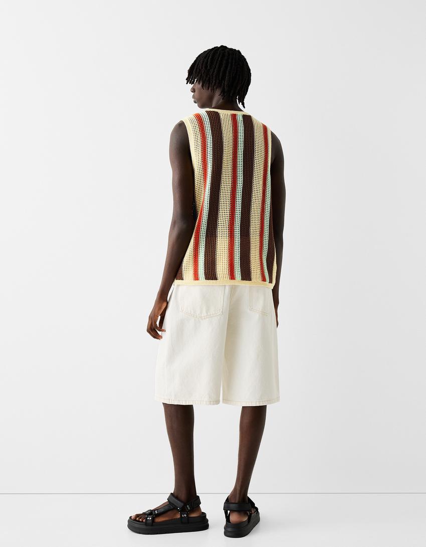 T-shirt bretelles ajours rayures-Sable-1