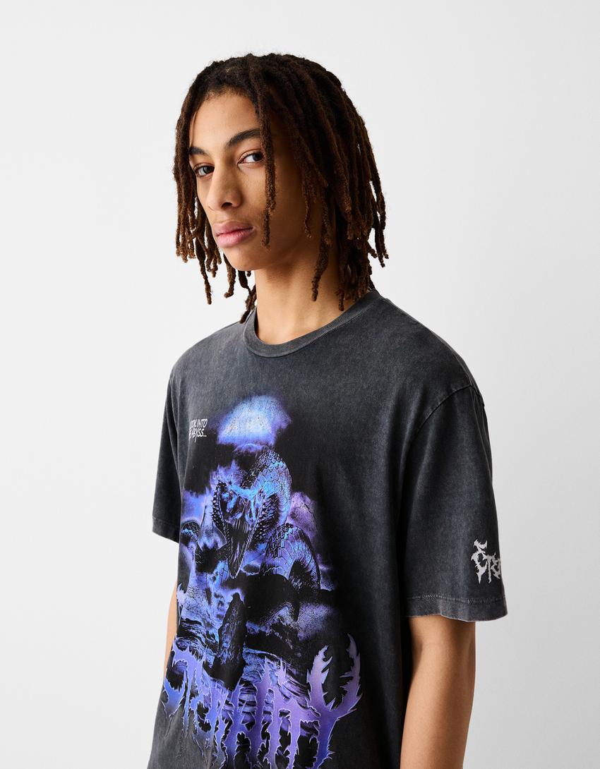 T-shirt manches courtes boxy fit imprimé-Gris-2