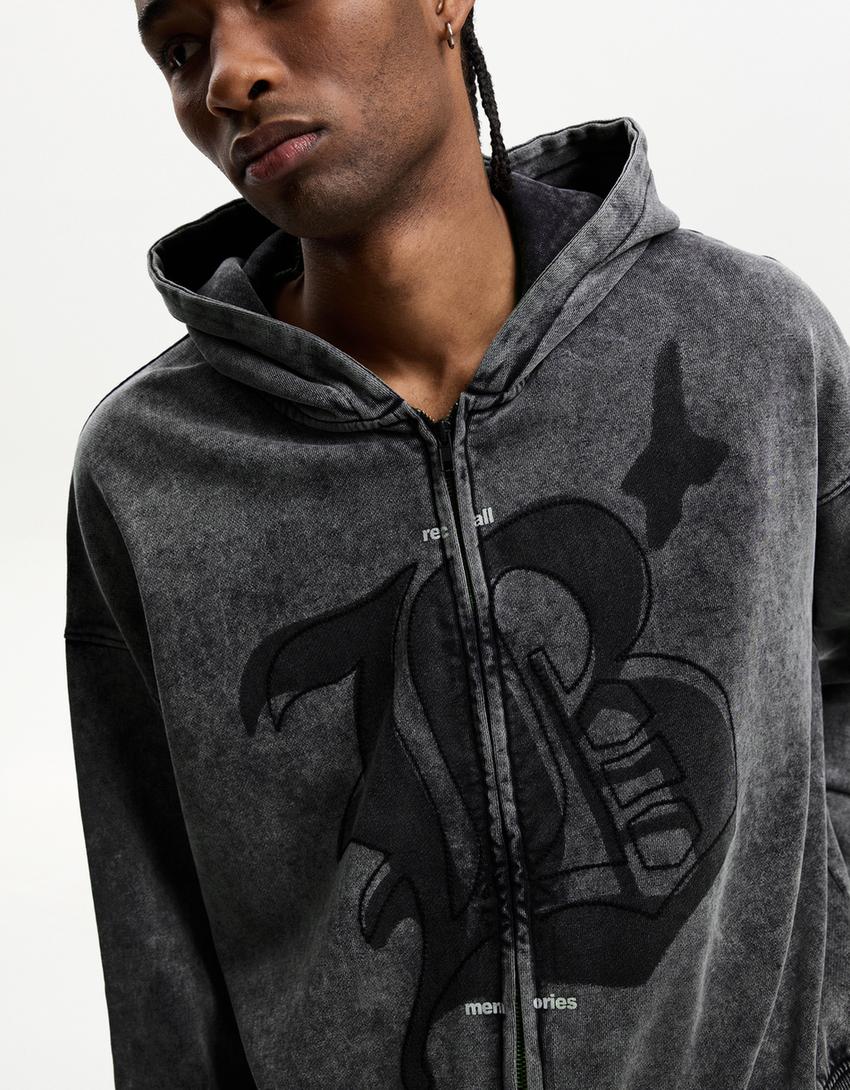 Sudadera capucha cremallera print-Gris-2