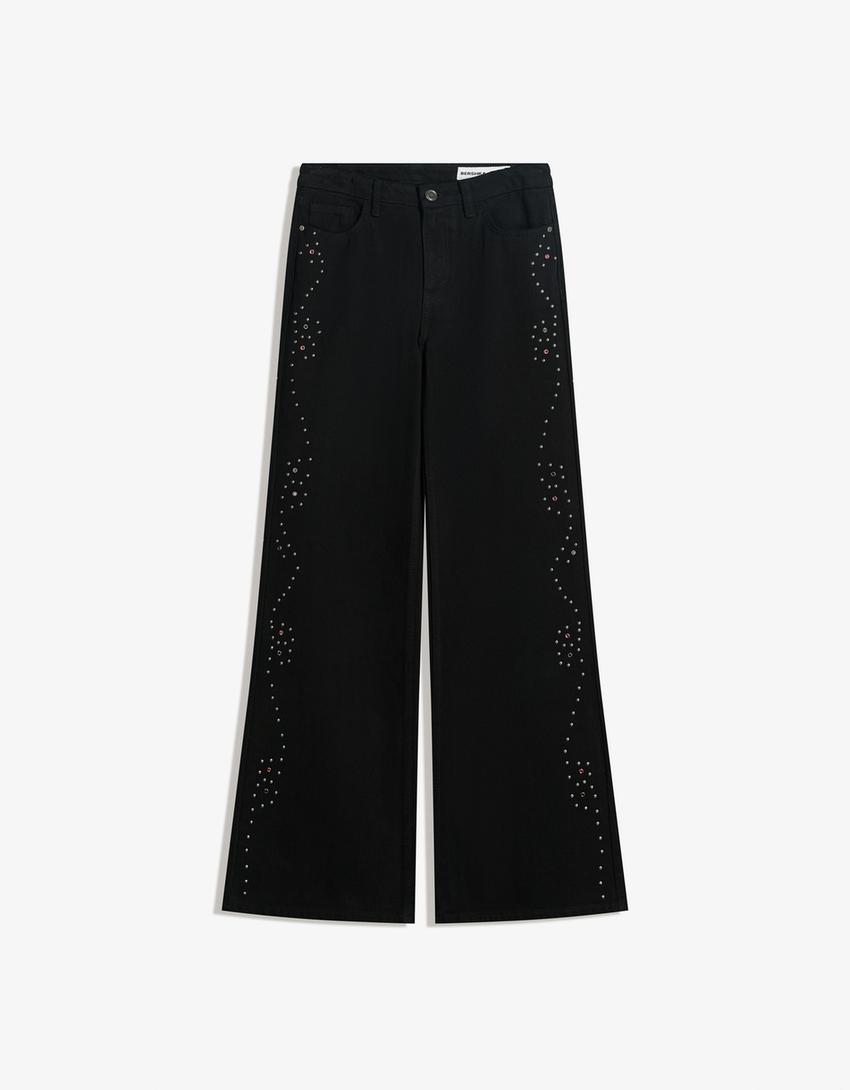 Low-rise wide-leg jeans with studs-Black