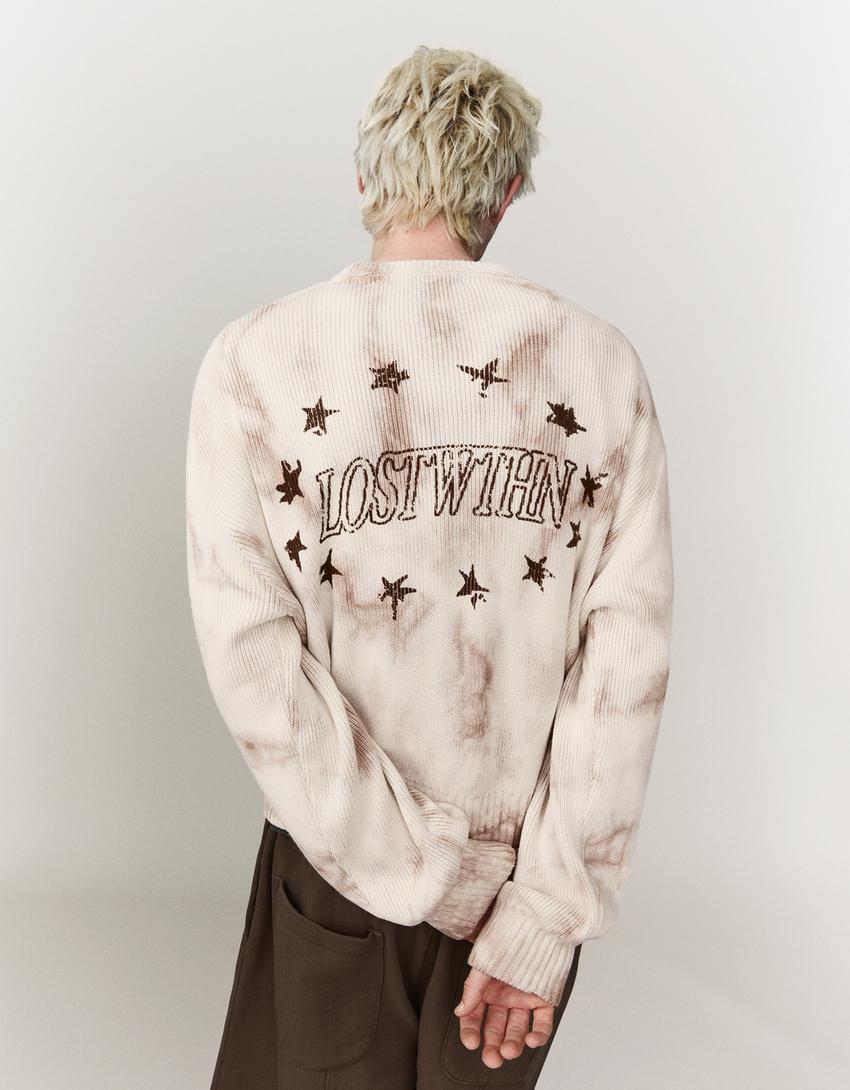 Printed crew neck sweater-Beige