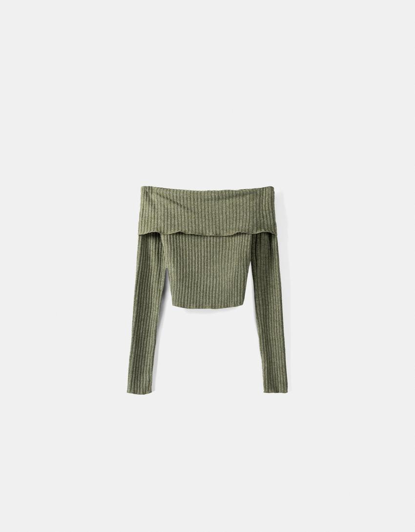 تيشرت باردو مضلع بأكمام طويلة-كاكي-4