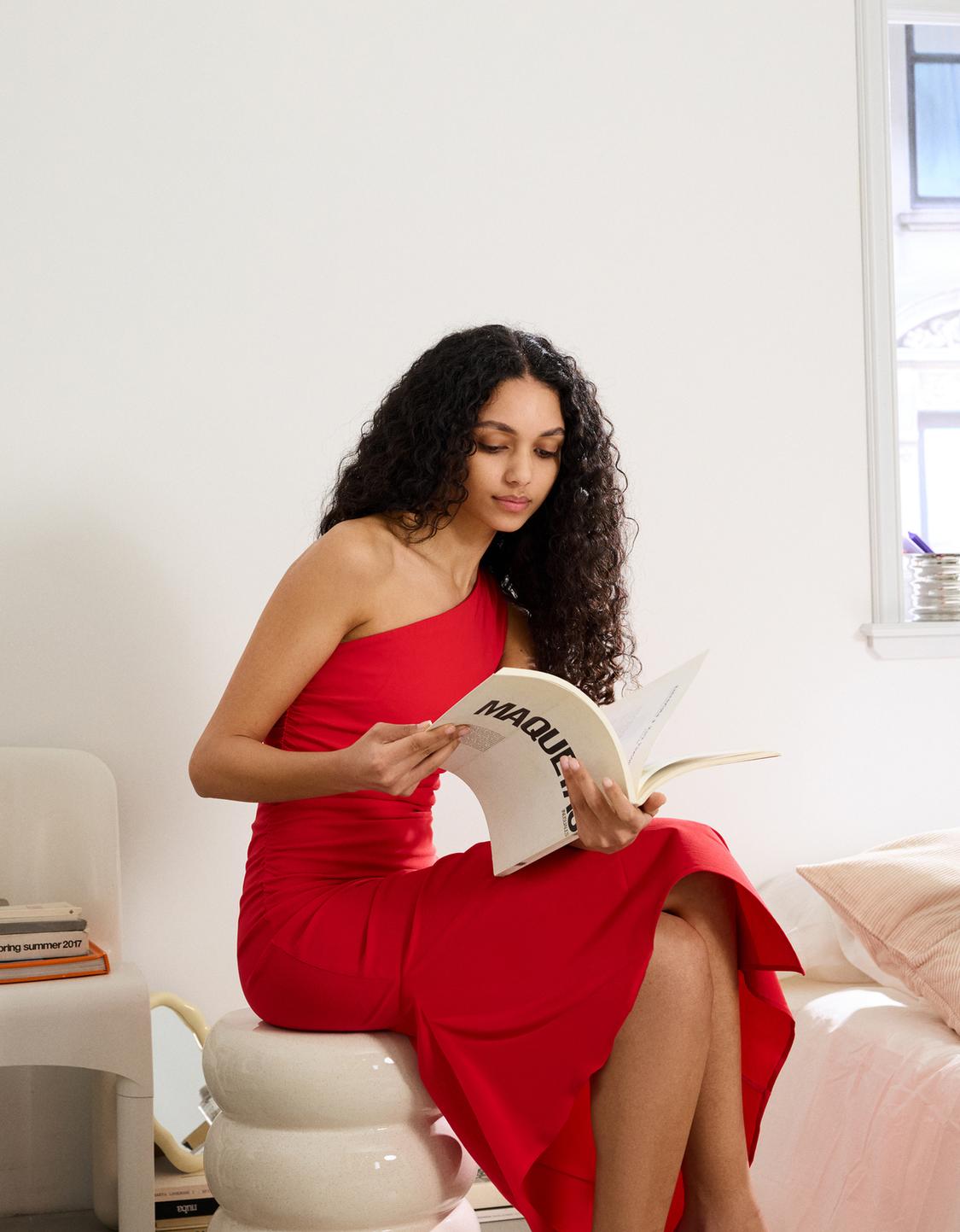 Asymmetric bengaline midi dress