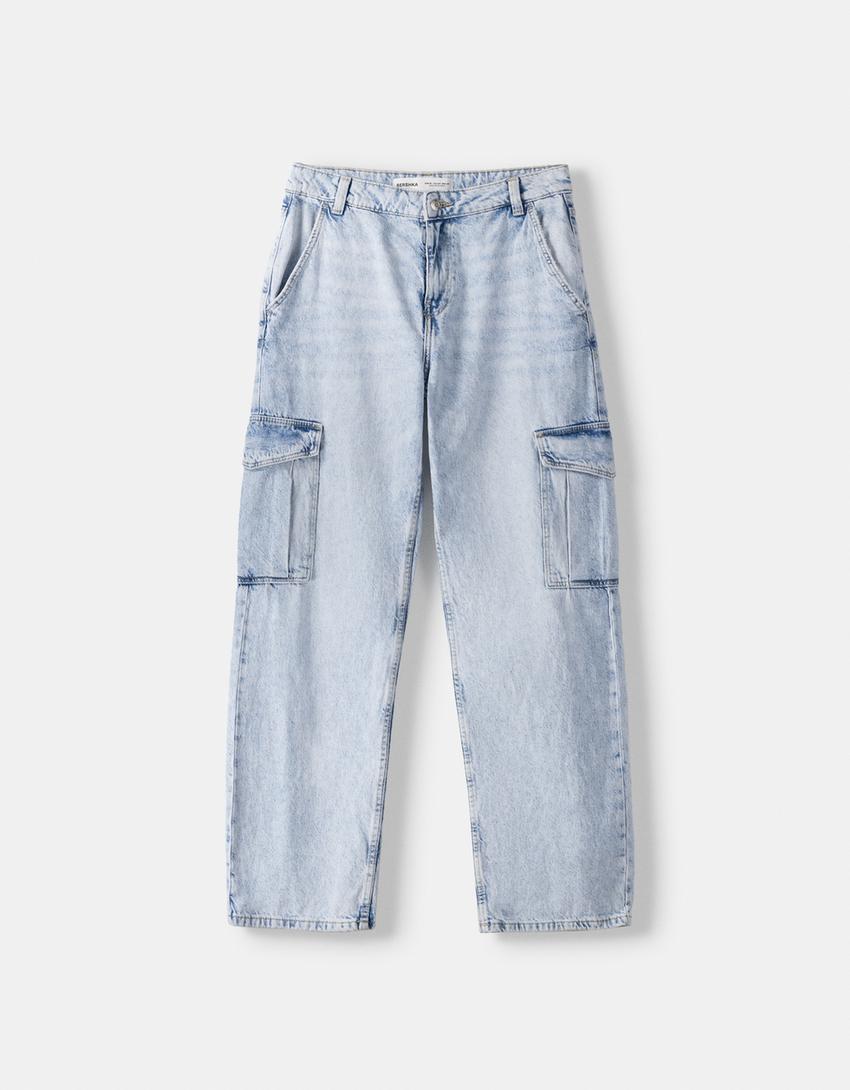 بنطال جينز كارغو بقصّة مستقيمة-أزرق فاتح-4