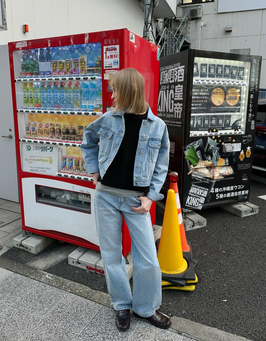 Cropped denim rhinestone jacket-Light blue