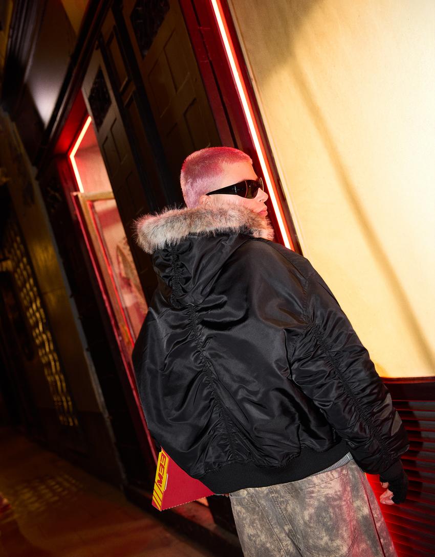 Technical jacket with faux fur collar-Black