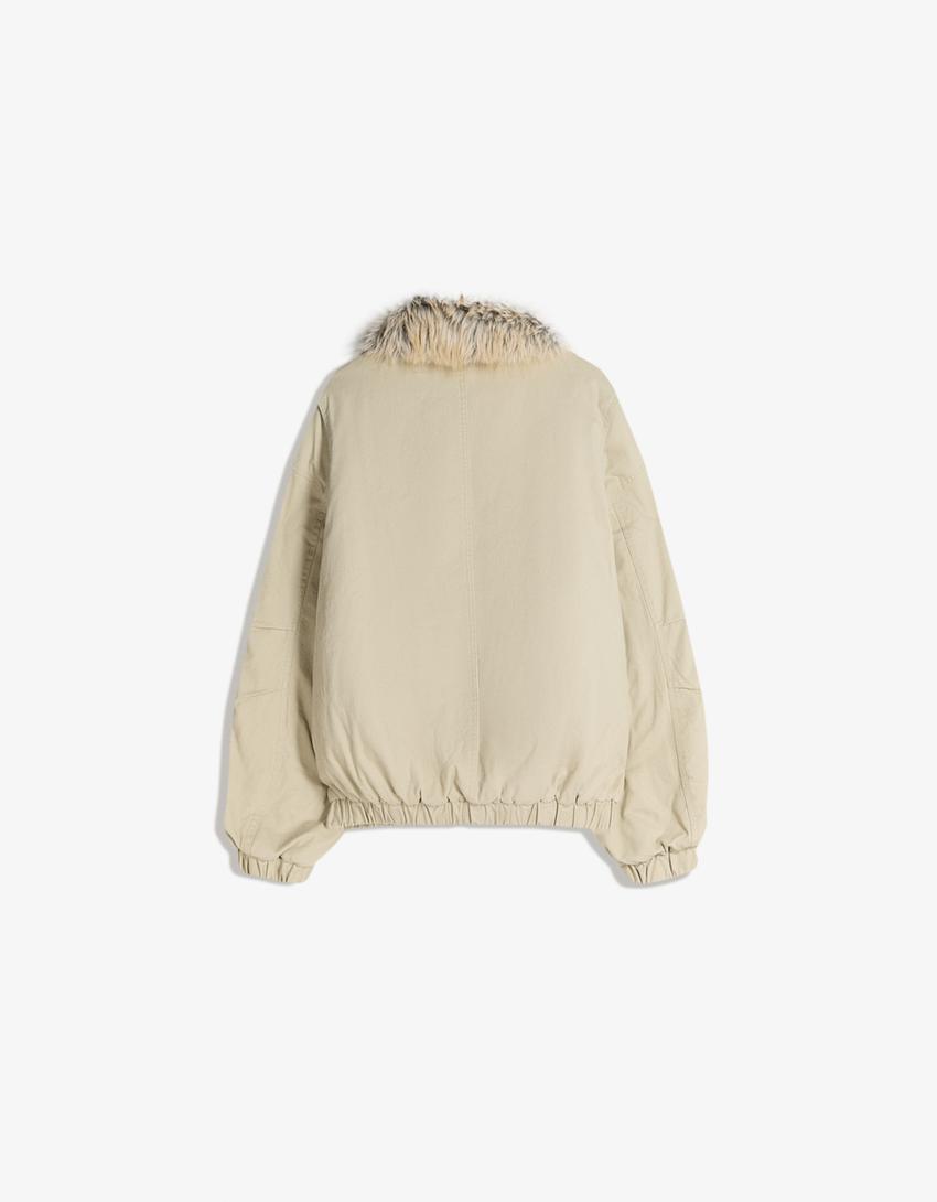 Faux fur lapel jacket-Cream