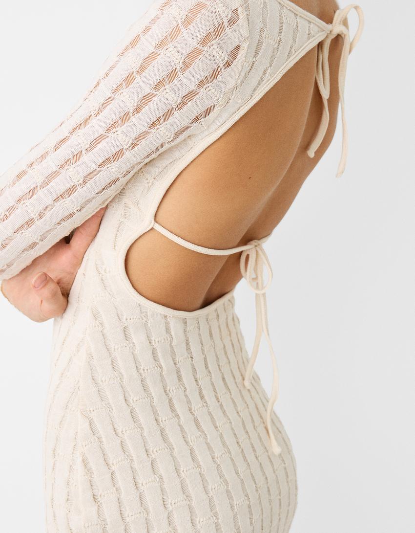 Long sleeve rustic midi dress-Cream-5