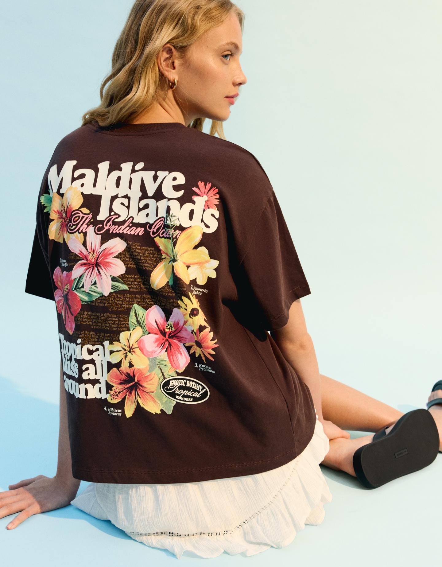 Bershka Maglietta A Maniche Corte Oversize Stampa Donna S Marrone