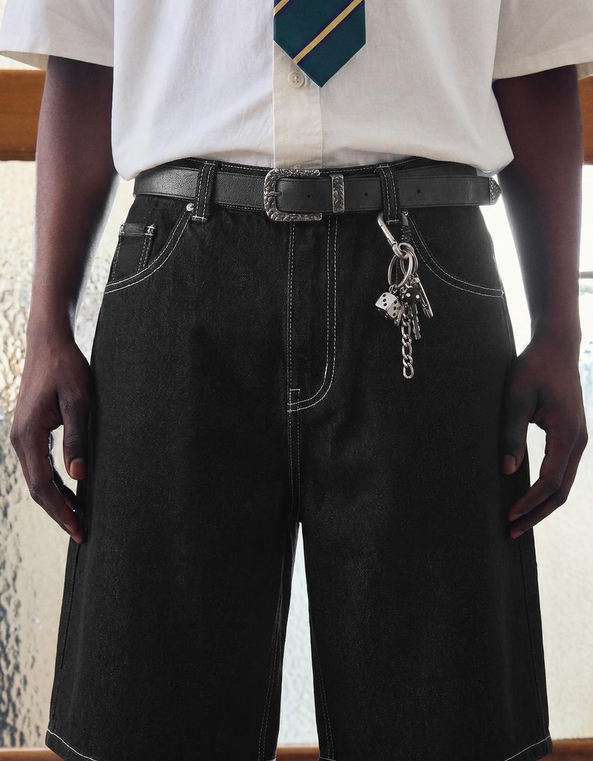 Super baggy denim Bermuda shorts-Black