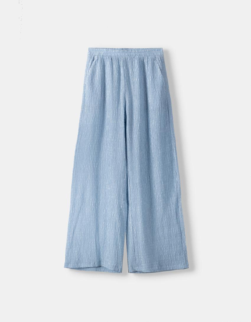 بنطال منقوش واسع الساقين-أزرق فاتح-4