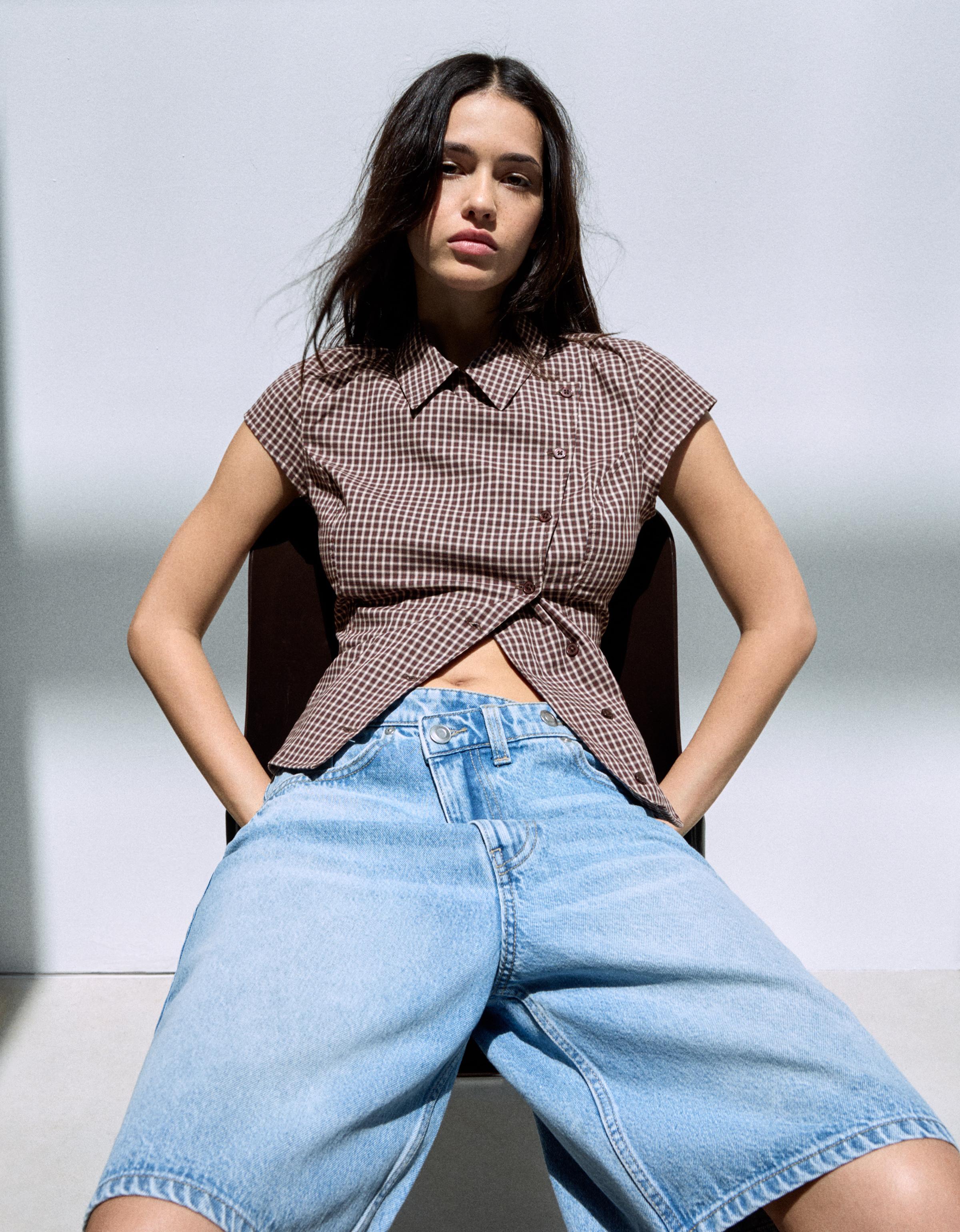 Bershka Camisa Manga Corta Botones Cruzados Mujer Granate