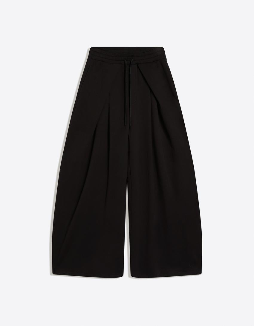 Pantaloni efect neopren largi cu stoppers-Negru