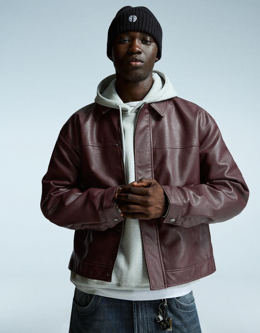 Leather effect boxy fit jacket-Burgundy-0