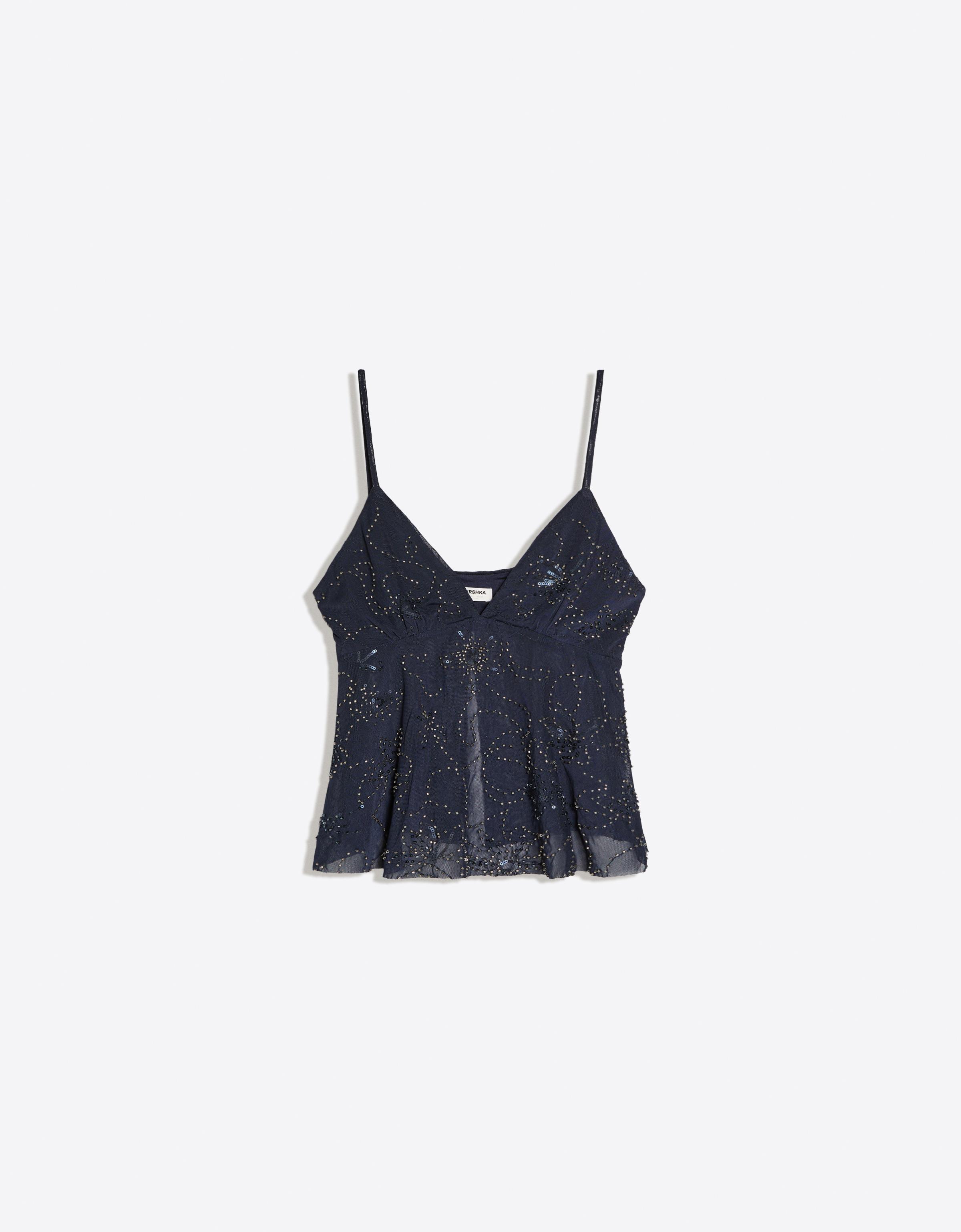 Rhinestone mesh strappy top — Navy