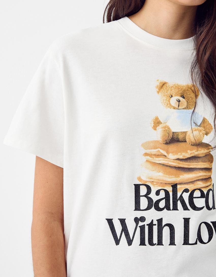 Short sleeve rhinestone bear T-shirt-Off white-2